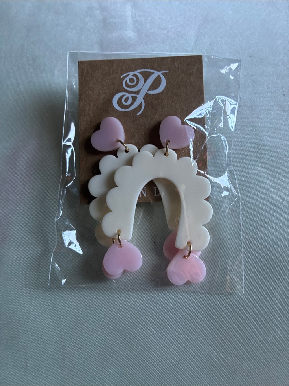 Plunder White Scalloped Arch Earrings with Pink Heart Drops